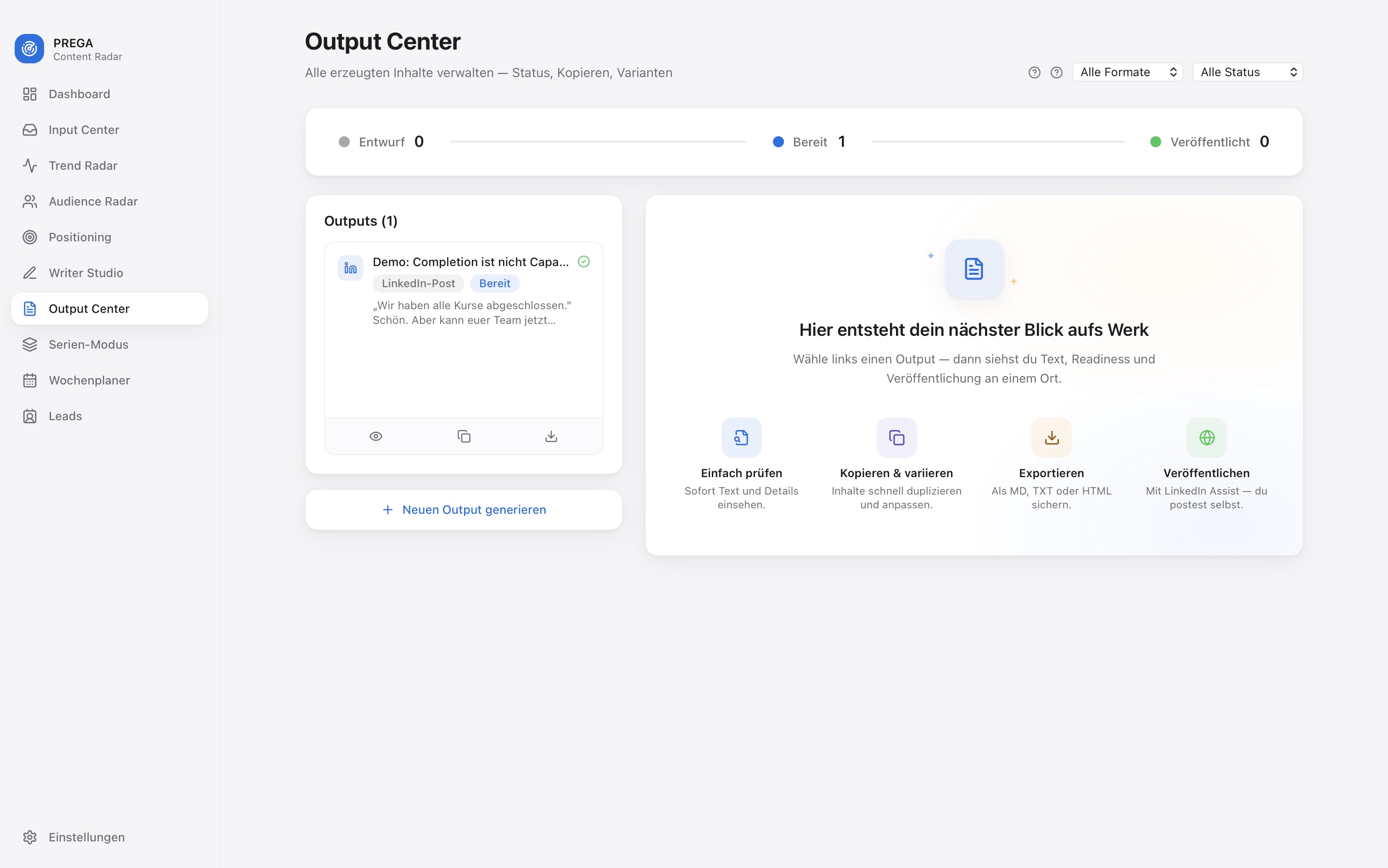 ORTYON Output Center &mdash; Status, Kopieren, Performance